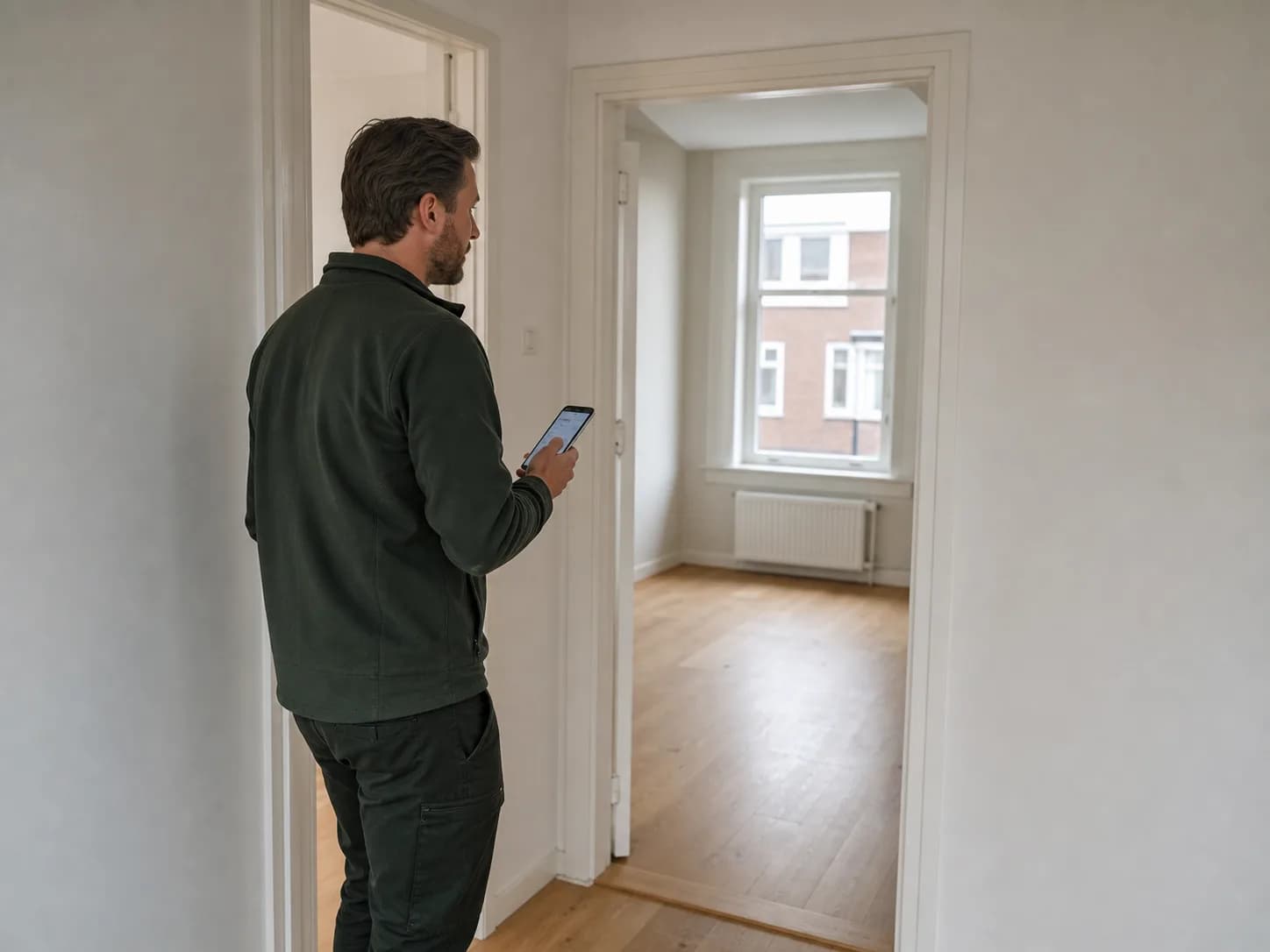 Inspecteur die met een telefoon van kamer naar kamer door een woning loopt